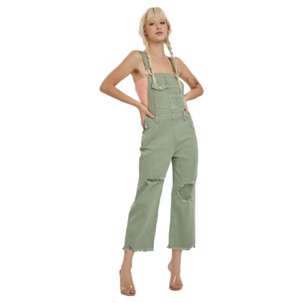 Risen Overalls Straight Leg Denim Olive Distressed Raw Hem - Picture 2 of 10